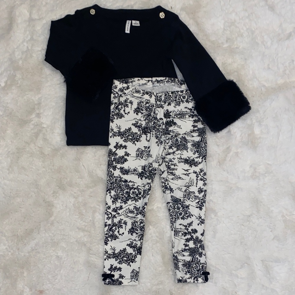 Janie and Jack Winter Outfit — Black Top with fur cuff w/  Floral Pants 2T